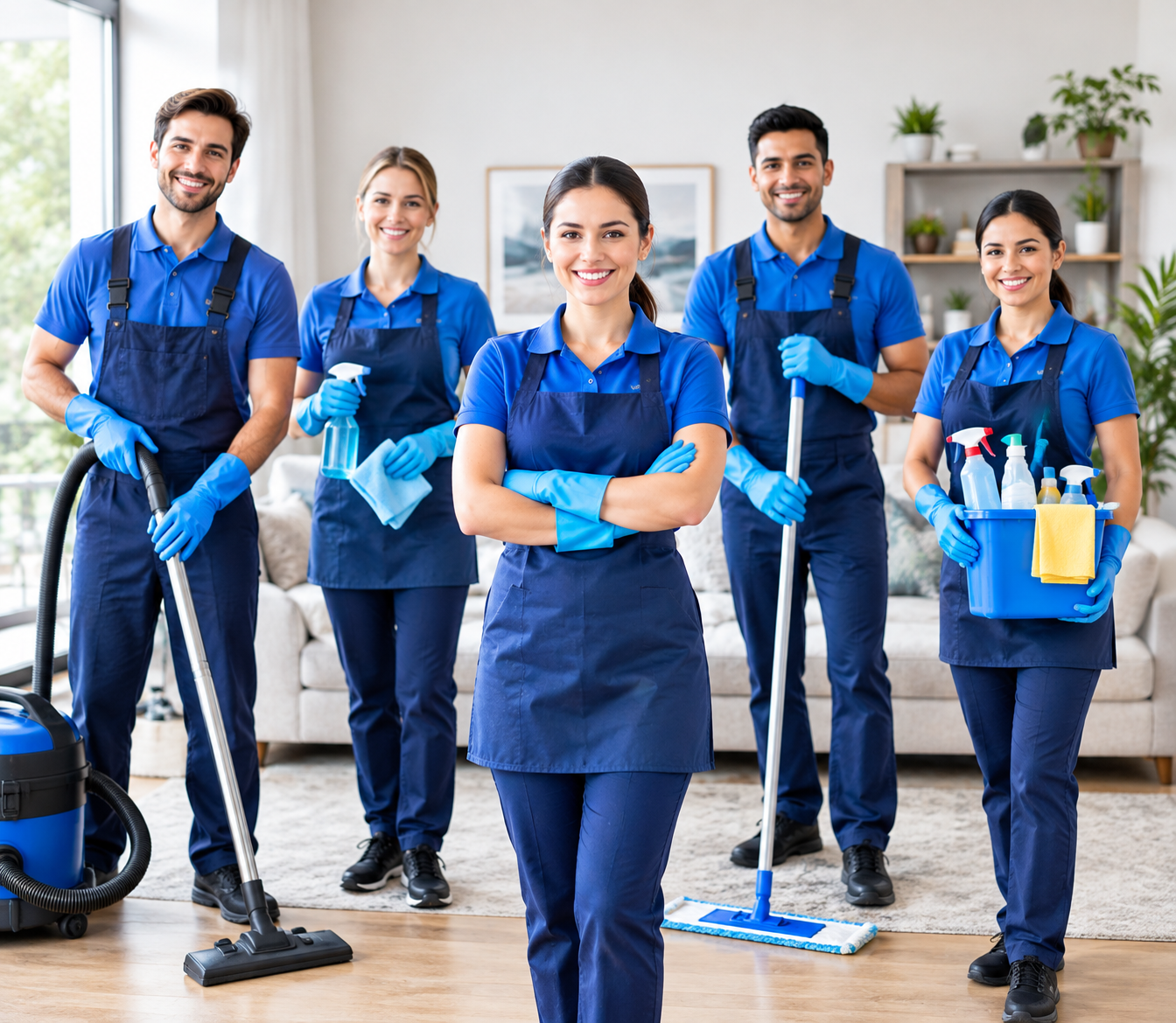 Smiling Riverrmain cleaning team in blue uniforms with mops and spray bottles