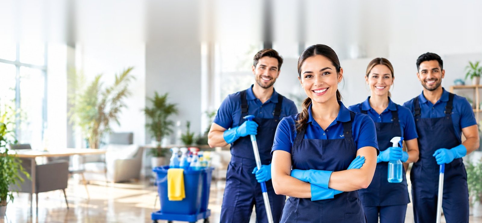 Smiling Riverrmain cleaning team in blue uniforms in a bright office