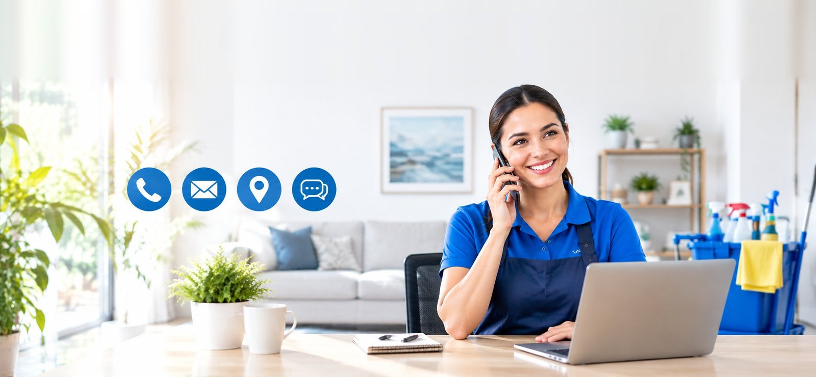 Smiling Riverrmain team member on the phone at a laptop, with phone, email, location and chat icons