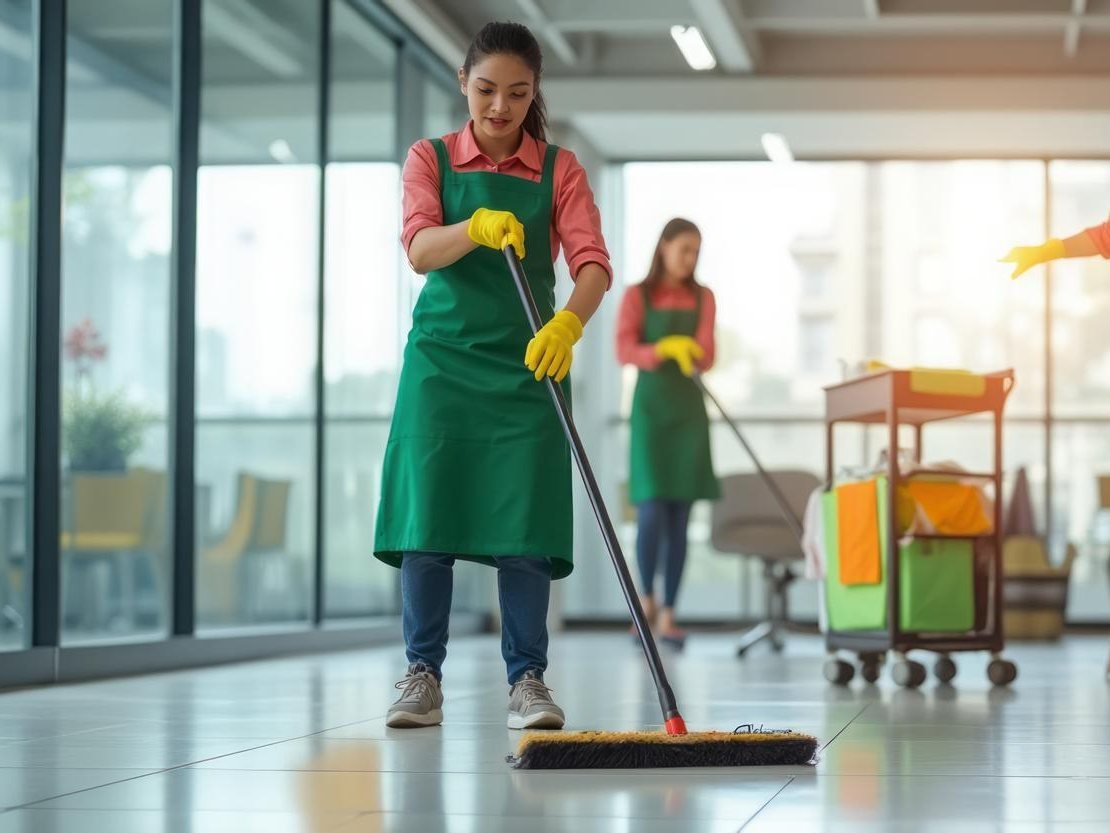 Cleaning team working in a bright modern office