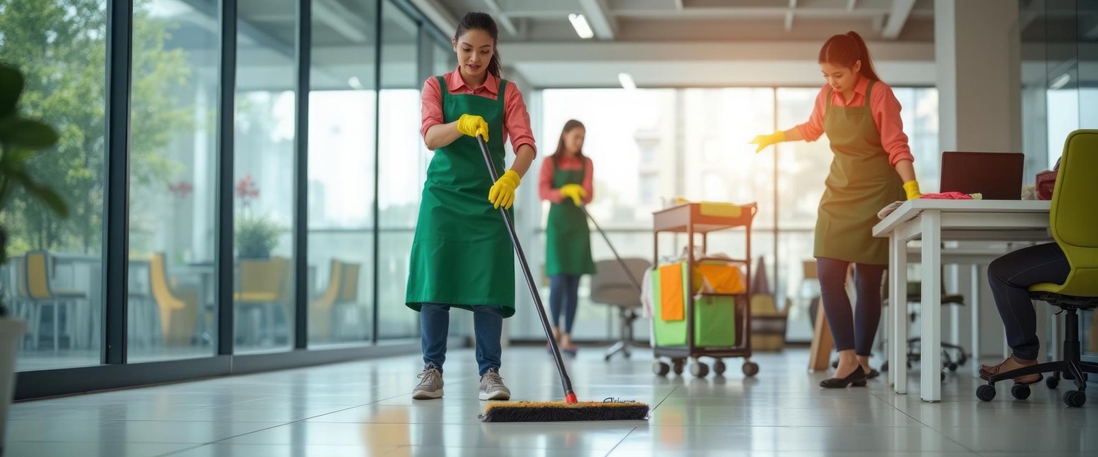 Cleaning team mopping floors and wiping desks in a bright modern office